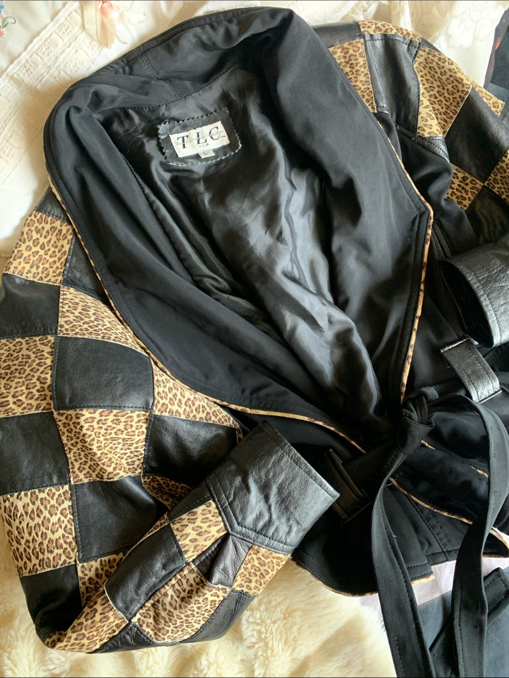 Unique Vintage 80s leopard animal print genuine suede leather wrap jacket L - Picture 12 of 16